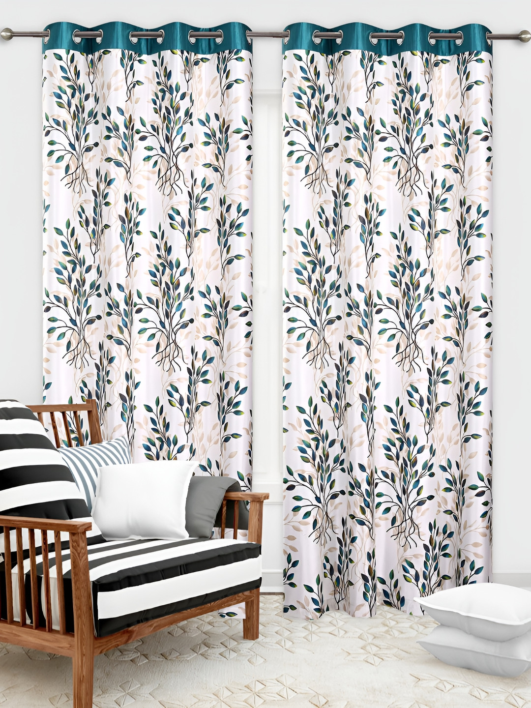 

REYANSH DECOR Turquoise Blue & Off White 2 Pieces Floral Window Curtain