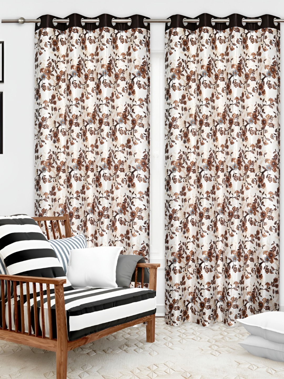 

REYANSH DECOR Brown & Off White 2 Pieces Floral Door Curtain