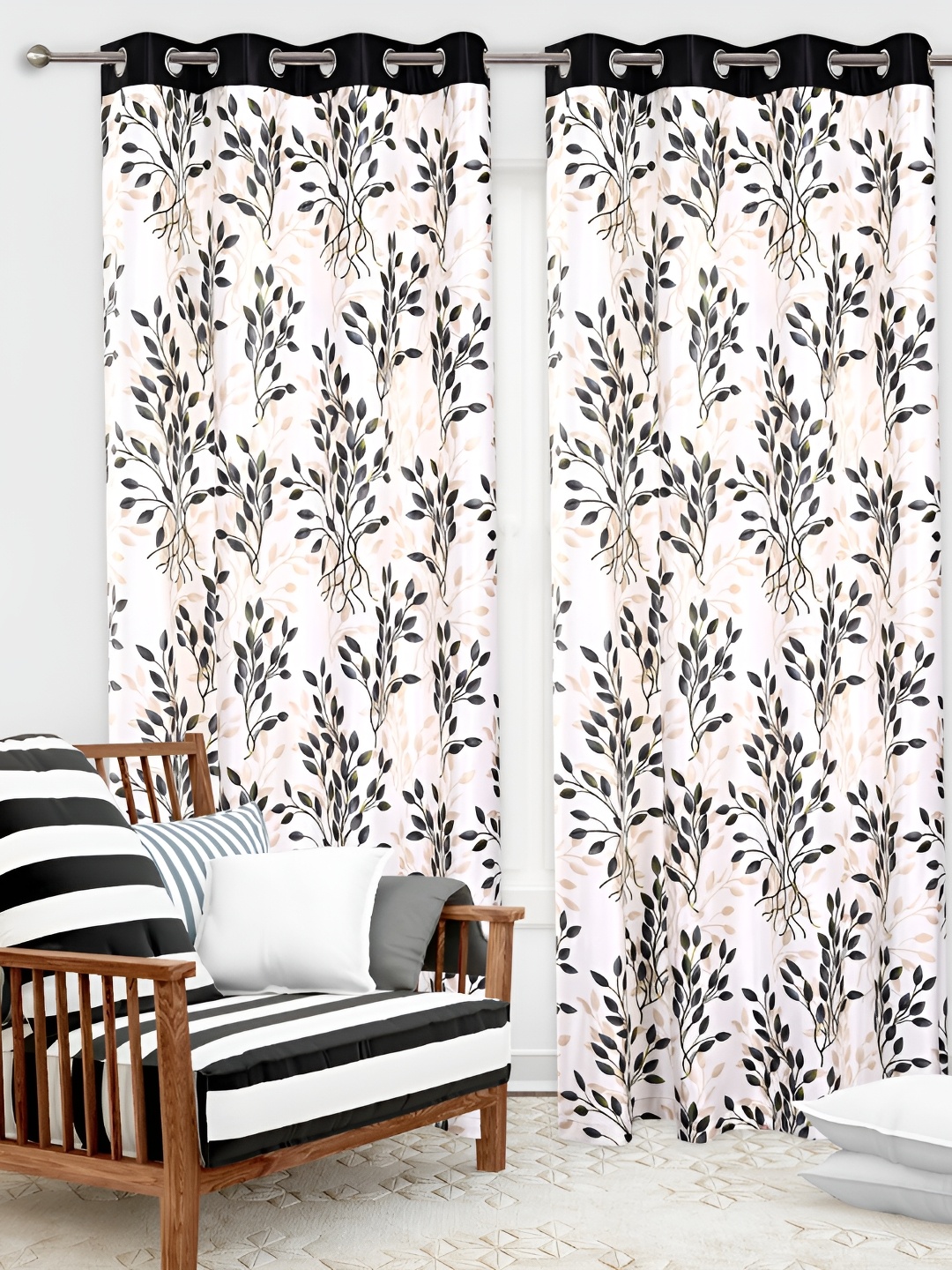 REYANSH DECOR Grey & Off White 2 Pieces Floral Door Curtain