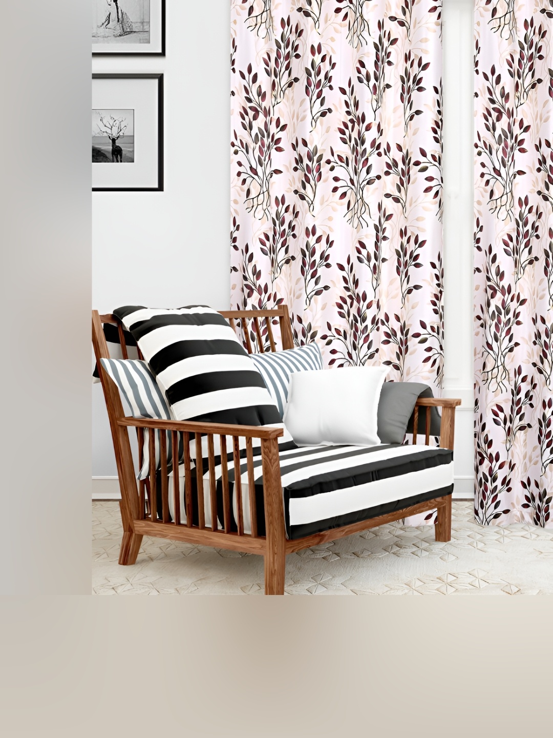 

REYANSH DECOR Red & Off White 2 Pieces Floral Long Door Curtains