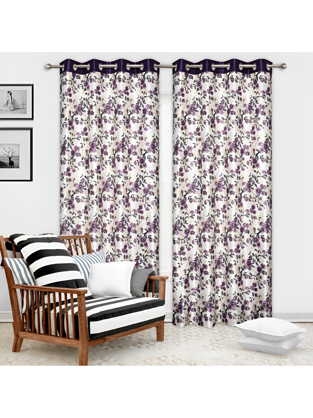 

REYANSH DECOR Purple & Off White 2 Pieces Floral Door Curtains