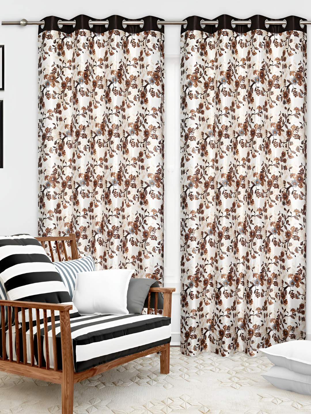 

REYANSH DECOR Off White & Coffee Brown 2 Pieces Floral Regular Window Curtains