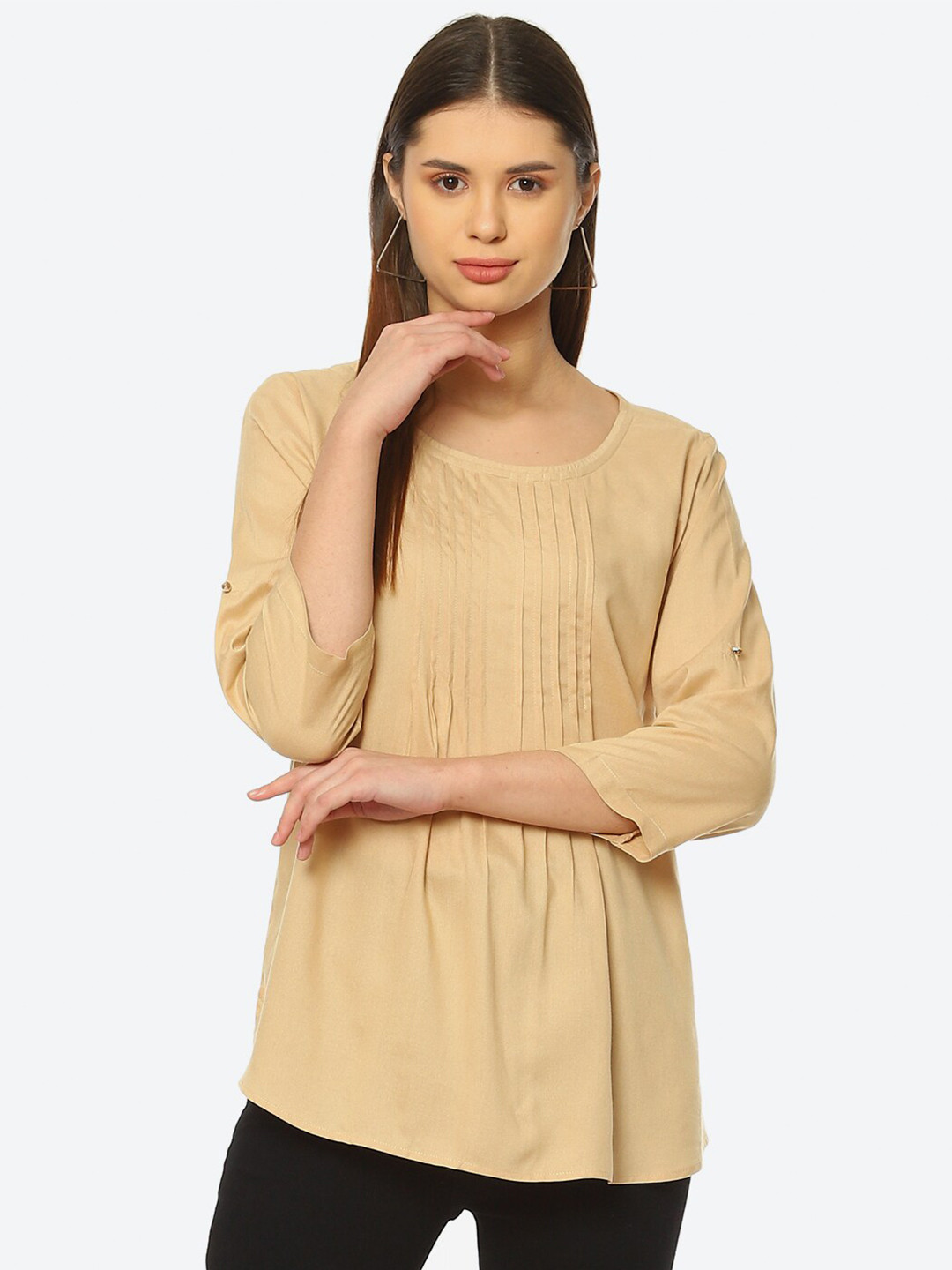 

2Bme Round Neck Three-Quarter Sleeves Pleated Regular Top, Beige