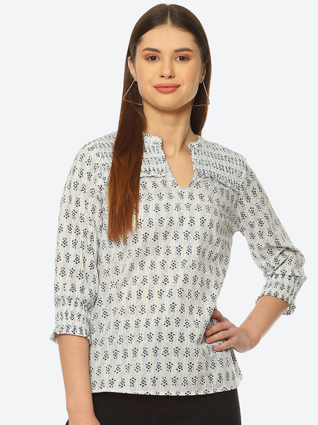 

2Bme Floral Printed Mandarin Collar Cuffed Sleeves Cotton Regular Top, Blue