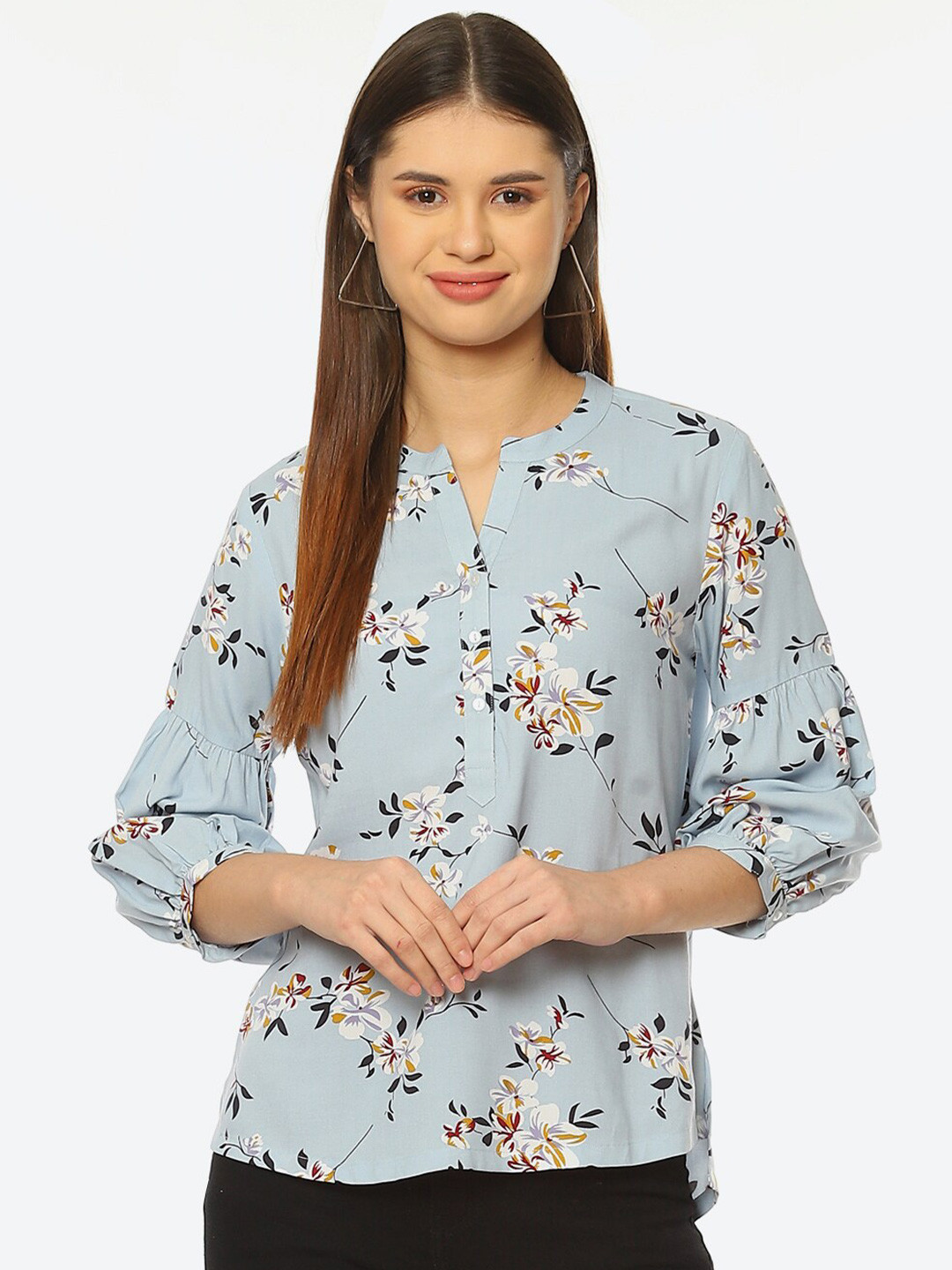 

2Bme Floral Printed Mandarin Collar Puff Sleeve Shirt Style Top, Blue