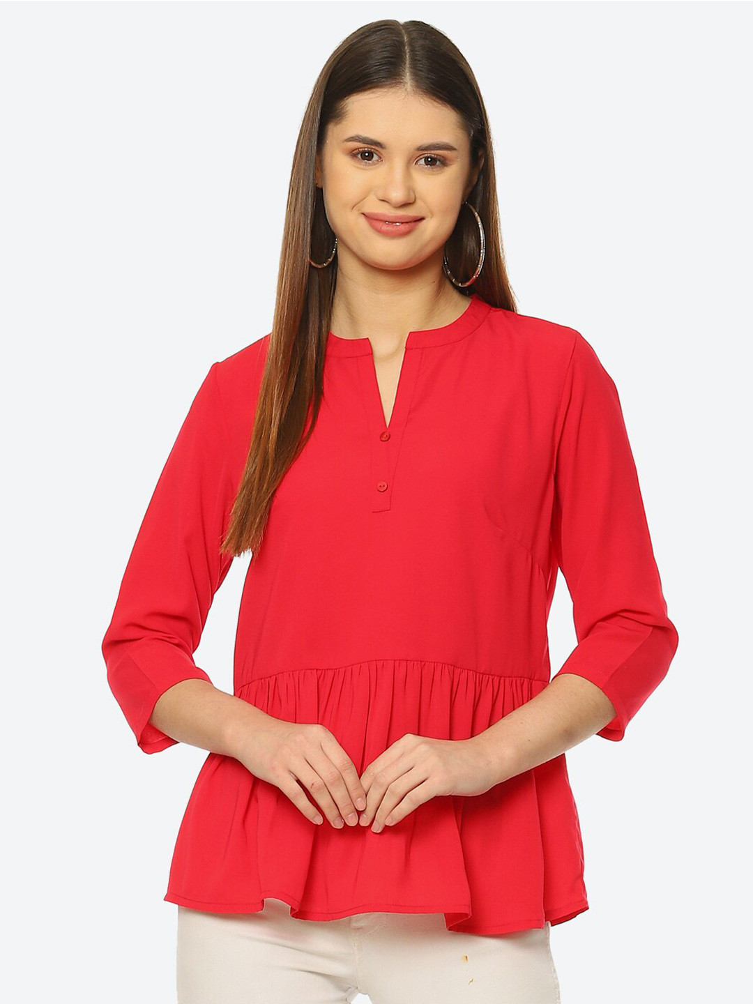 

2Bme Mandarin Collar Cotton A-Line Top, Fuchsia