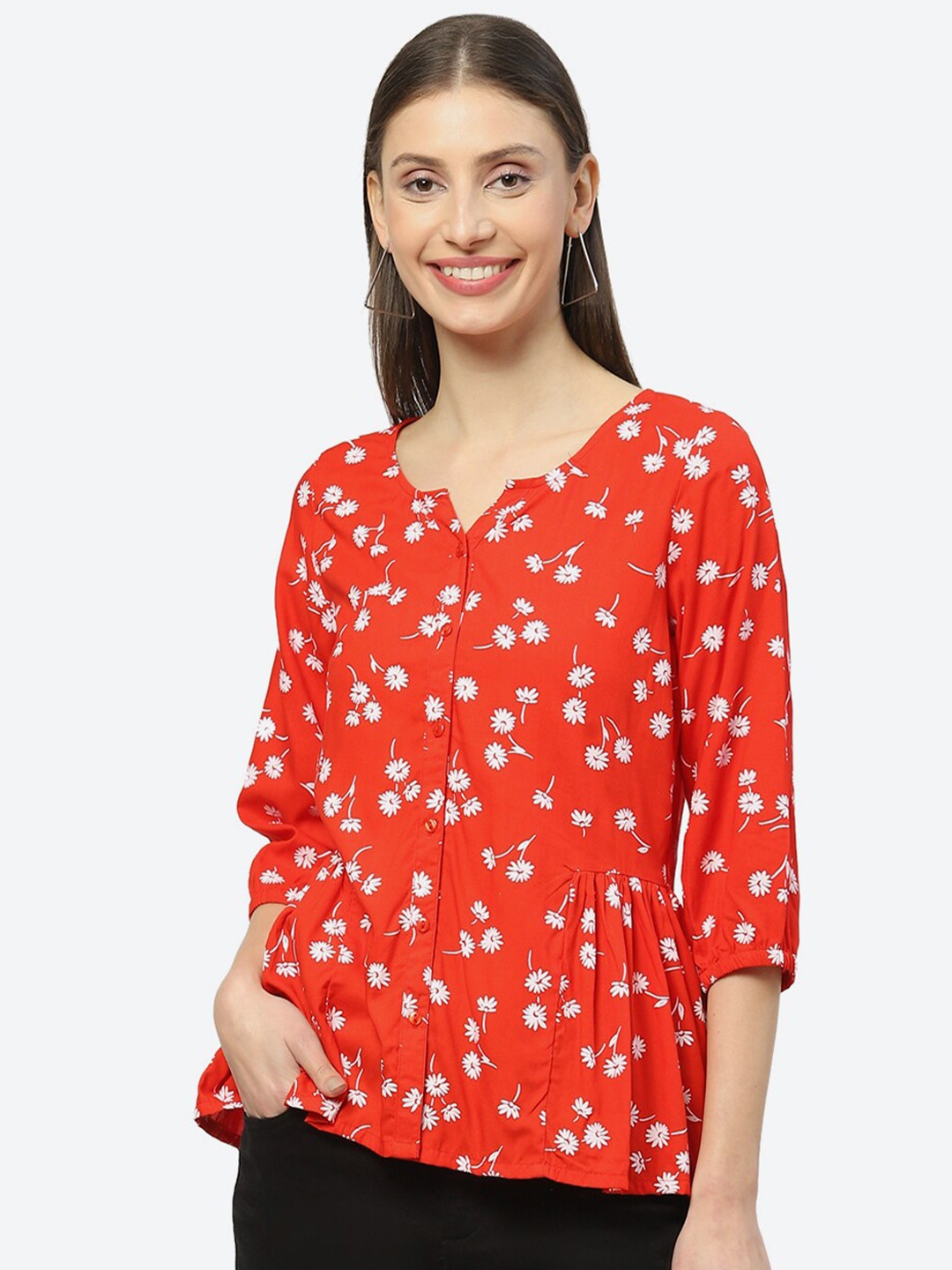 

2Bme Floral Printed Gathered Top, Red