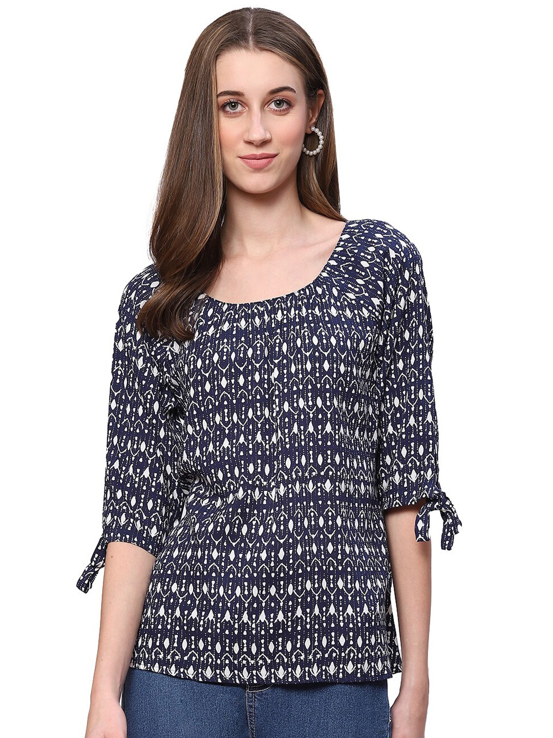 

2Bme Geometric Printed Round Neck Regular Top, Navy blue