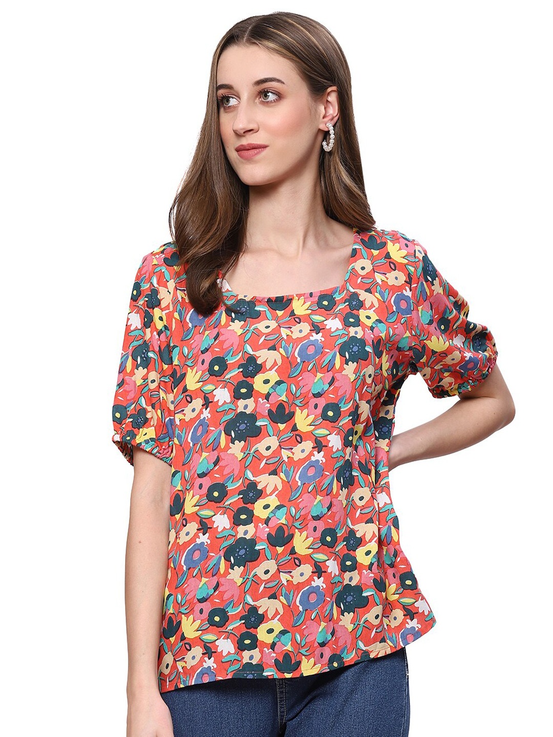 

2Bme Floral Printed Round Neck Short Sleeves Regular Top, Orange