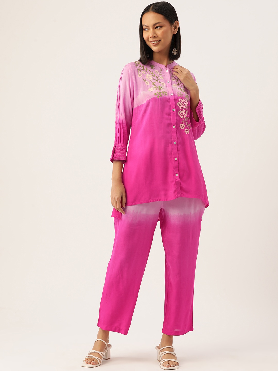 

MISRI Floral Embroidered Thread Work Fusion Kurti with Palazzos, Pink