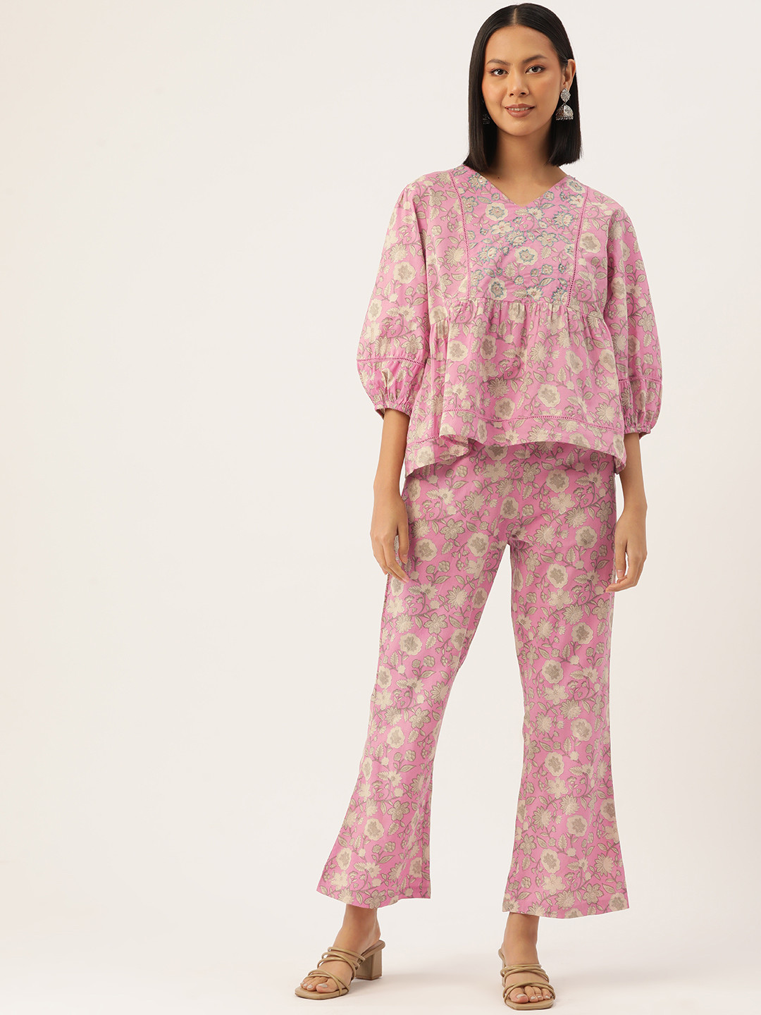 

MISRI Floral Printed Pure Cotton Top & Palazzos, Pink