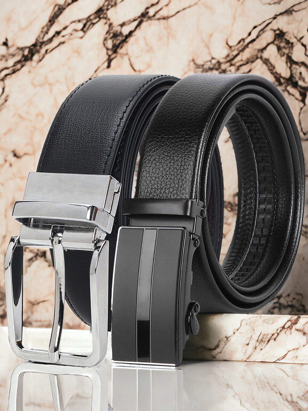 

CRUSSET Men Set of 2 Textured Formal Belts, Black