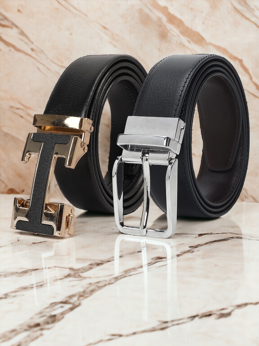 

CRUSSET Men Pack Of 2 Textured Reversible Formal Belts, Black