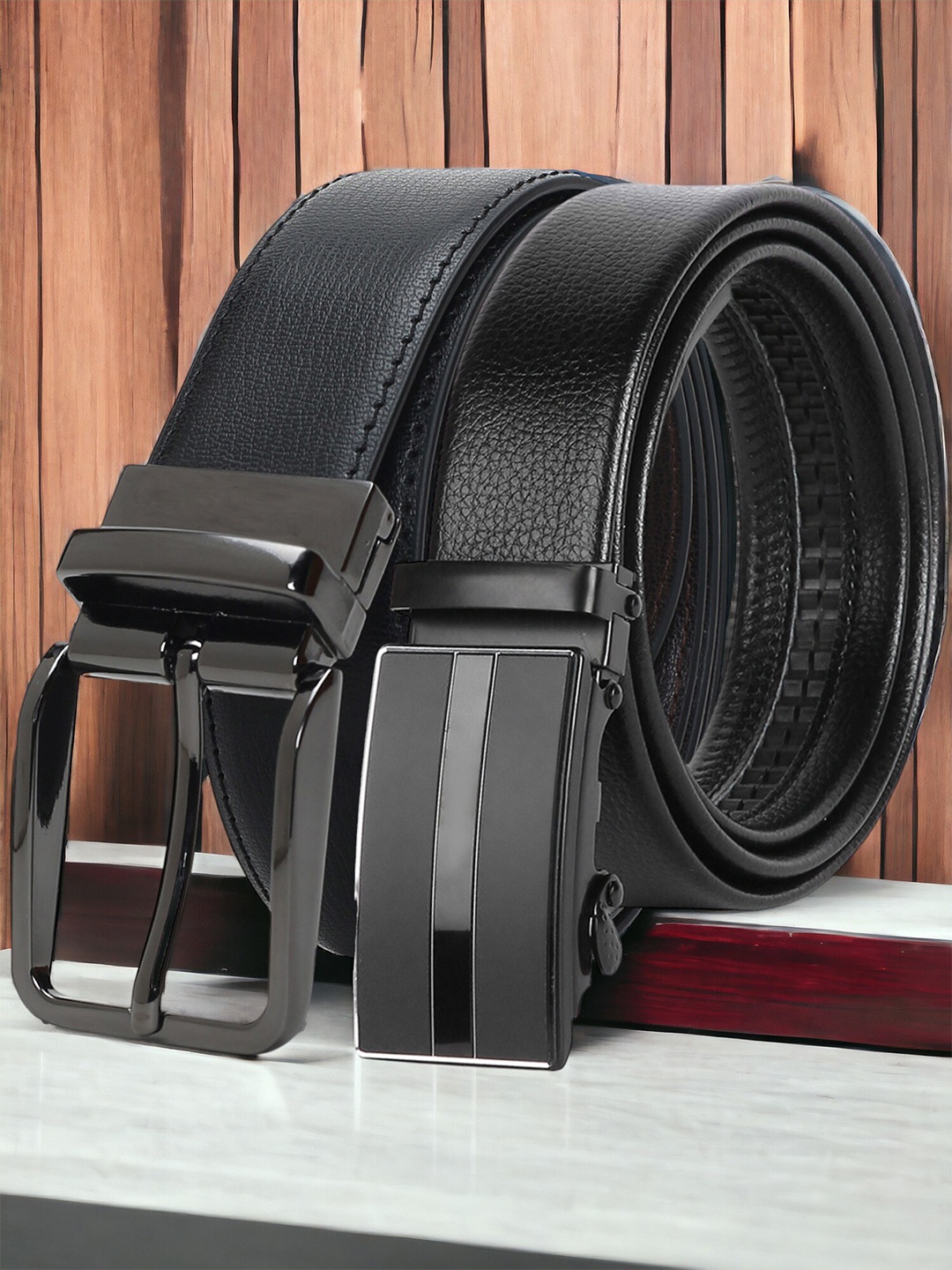 

CRUSSET Men Set Of 2 Textured Reversible Formal Belt, Black