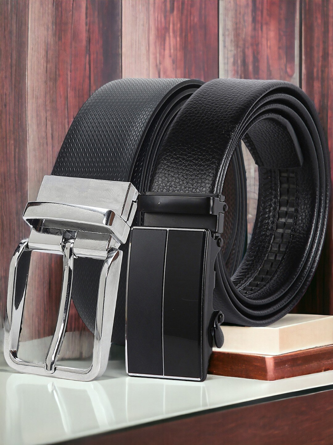 

CRUSSET Men Set Of 2 Textured Reversible Formal Belt, Black