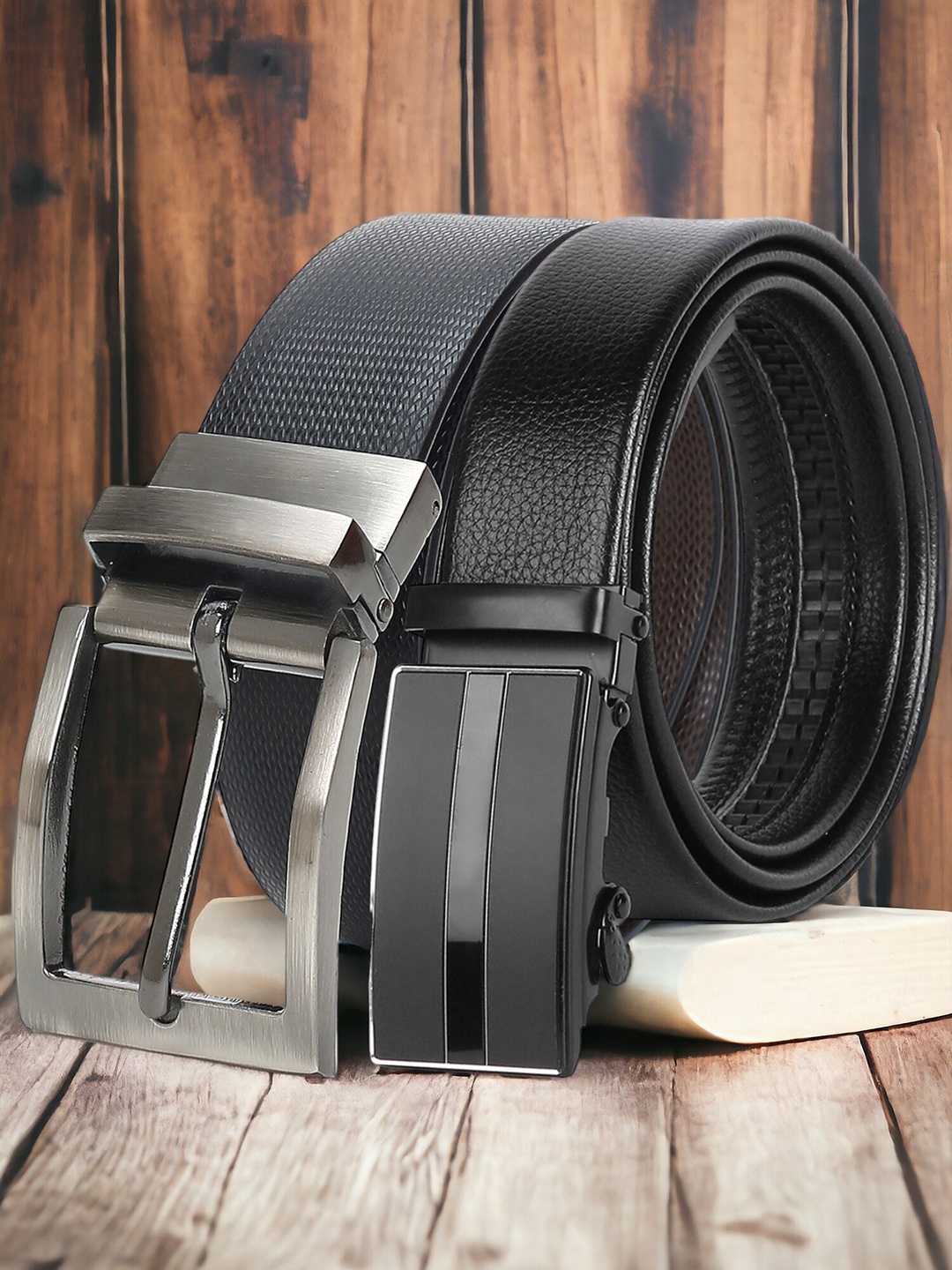 

CRUSSET Men Pack Of 2 Textured Reversible Formal Belt, Black