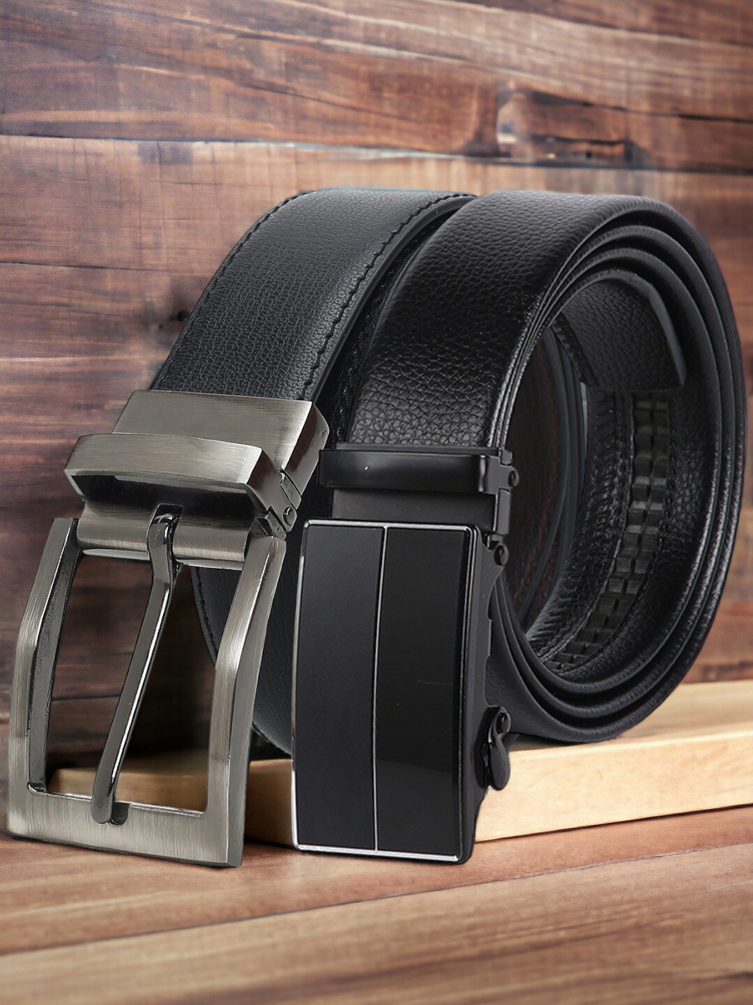

CRUSSET Men Pack Of 2 Textured Reversible Formal Belt, Black