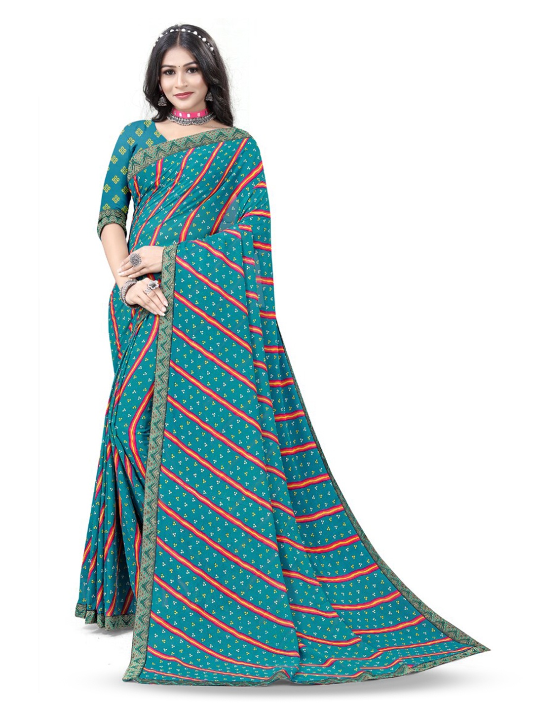 

ASISA Striped Pure Georgette Saree, Turquoise blue