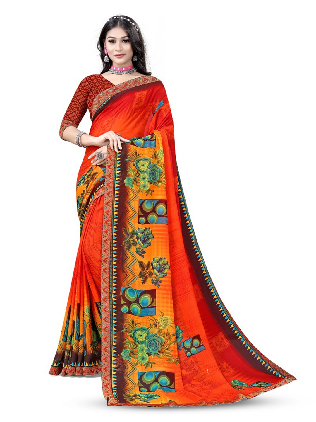 

ASISA Floral Printed Pure Georgette Saree, Red