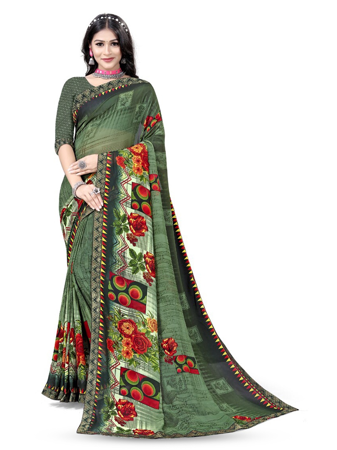 

ASISA Floral Printed Pure Georgette Saree, Sea green