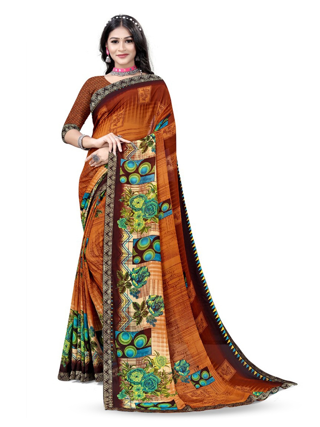 

ASISA Floral Printed Pure Georgette Saree, Brown