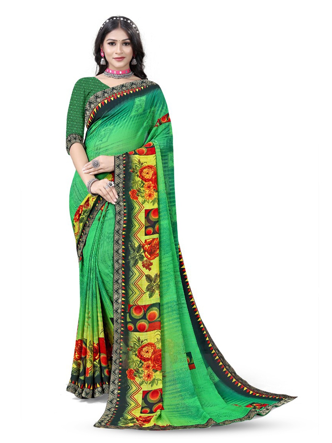 

ASISA Floral Printed Pure Georgette Saree, Green