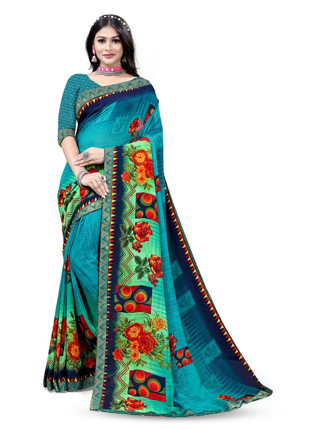 

ASISA Floral Printed Pure Georgette Saree, Turquoise blue