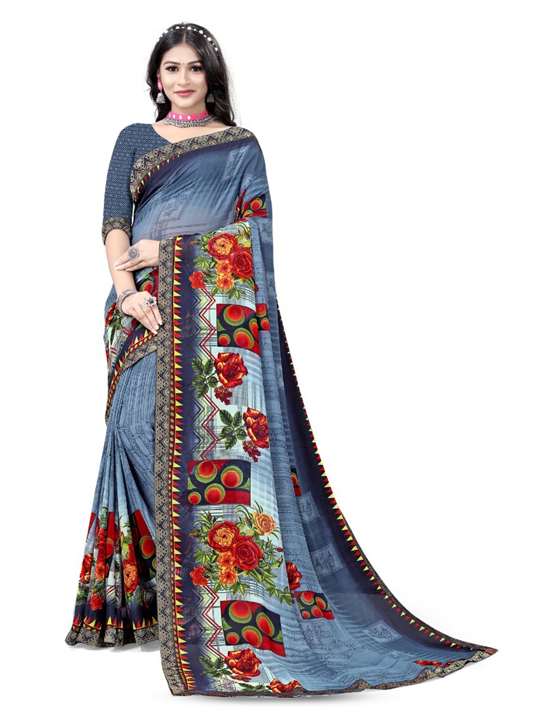 

ASISA Floral Printed Pure Georgette Saree, Blue
