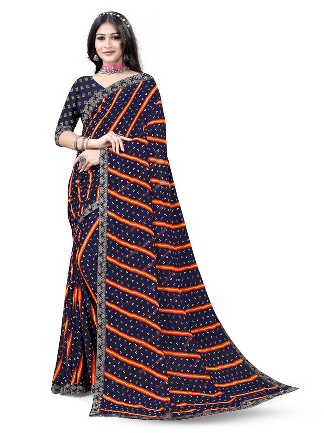 

ASISA Striped Pure Georgette Saree, Navy blue