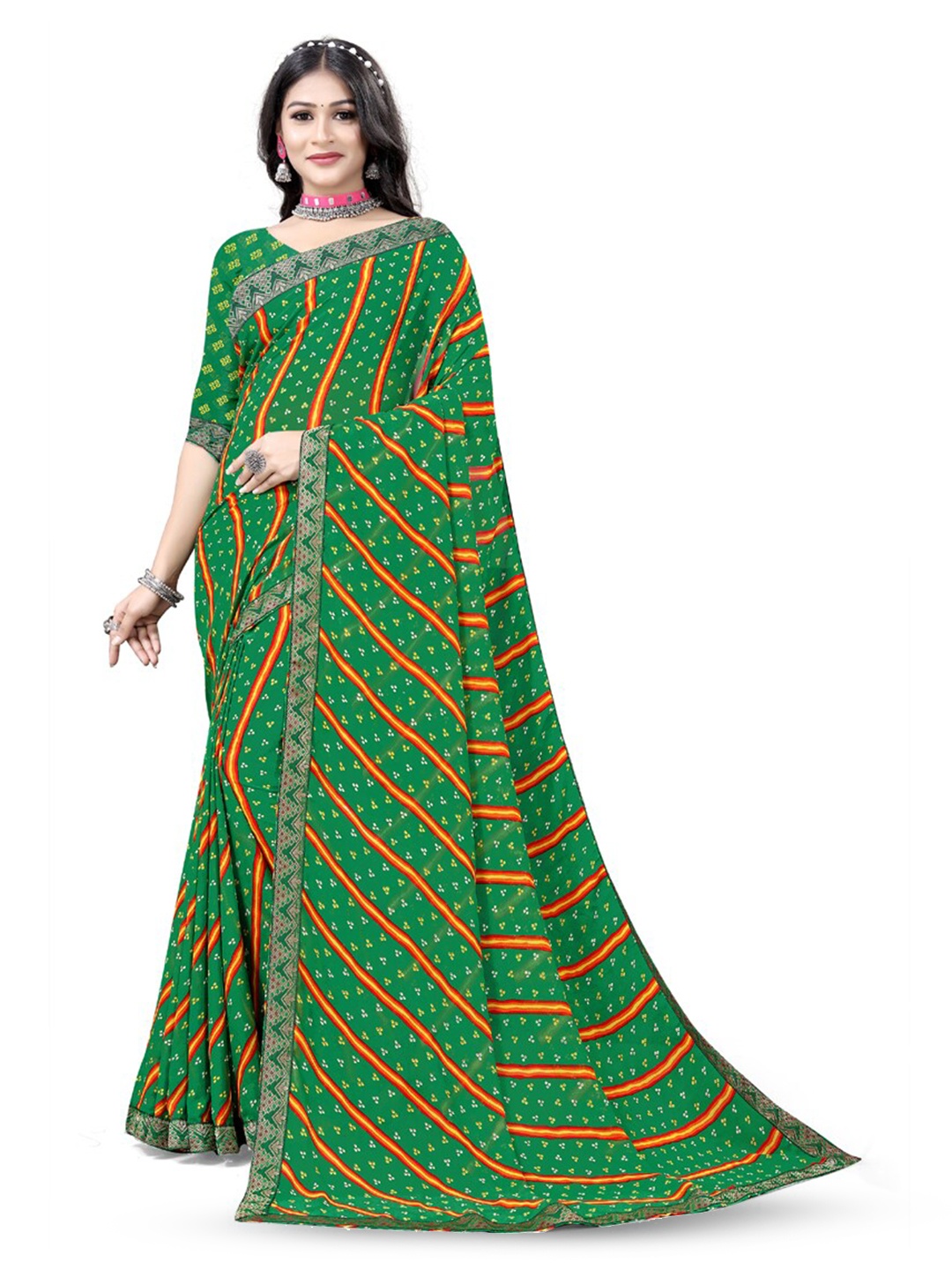 

ASISA Striped Pure Georgette Saree, Green