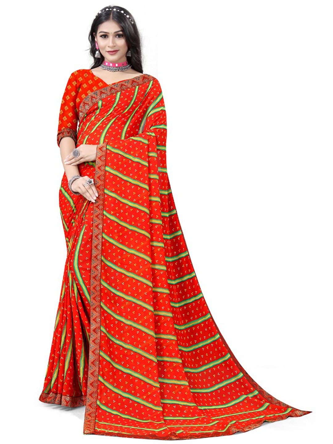 

ASISA Striped Pure Georgette Saree, Orange