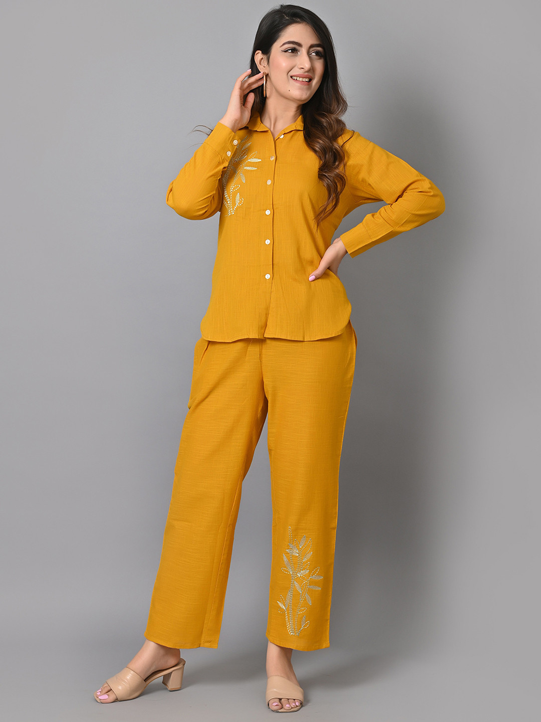 

IQRAAR Floral Embroidered Cuffed Sleeves High Low Shirt & Trouser, Mustard