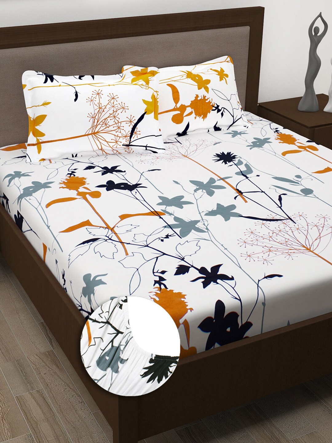 

Story@home White & Grey Floral Fitted Cotton 186 TC Queen Bedsheet With 2 Pillow Covers
