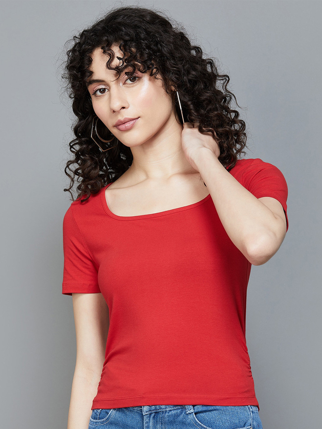 

Ginger by Lifestyle Red Cotton Ruched Fitted Top