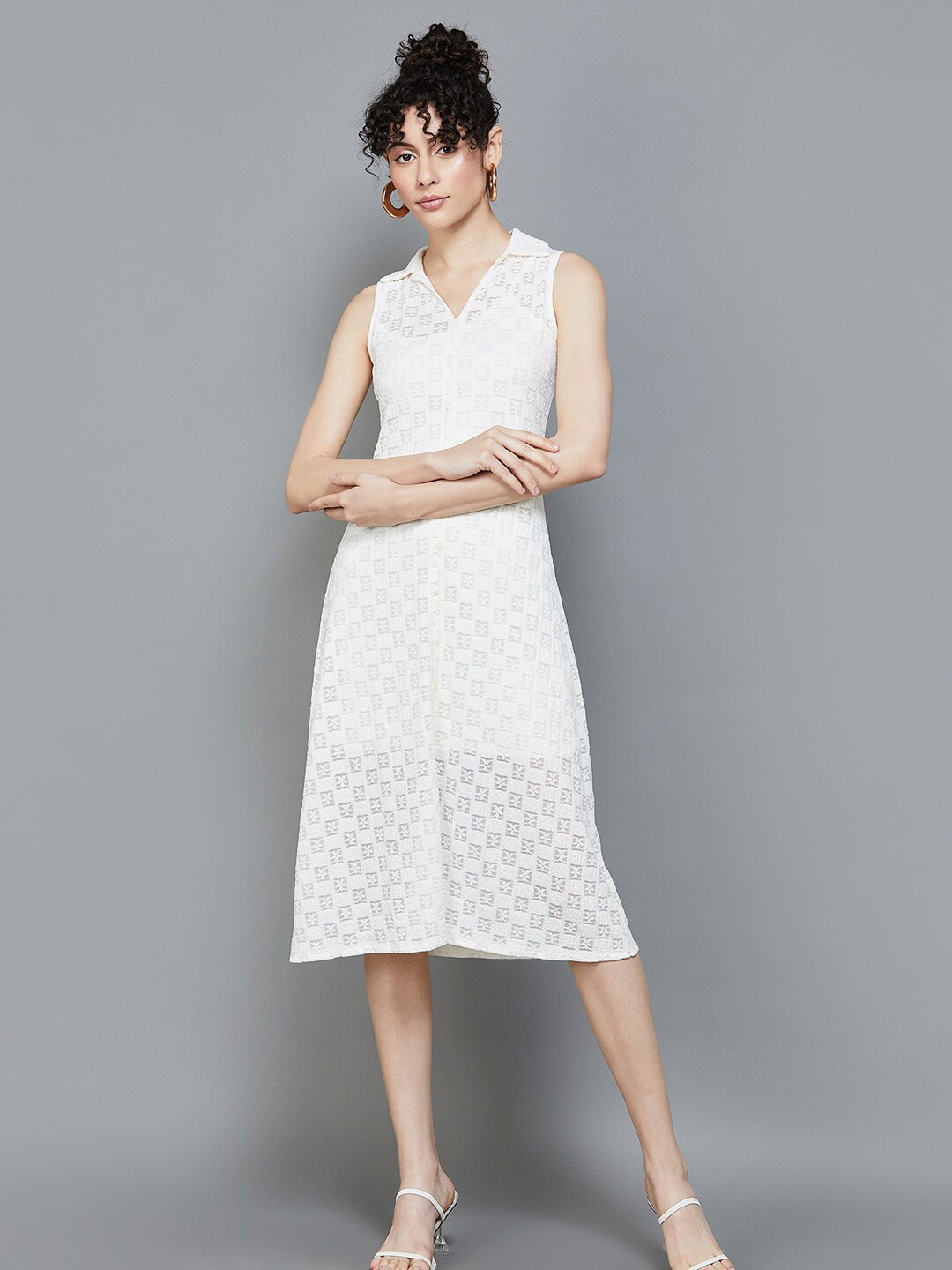 

Ginger by Lifestyle Self Design Shirt Collar A-Line Dress, White
