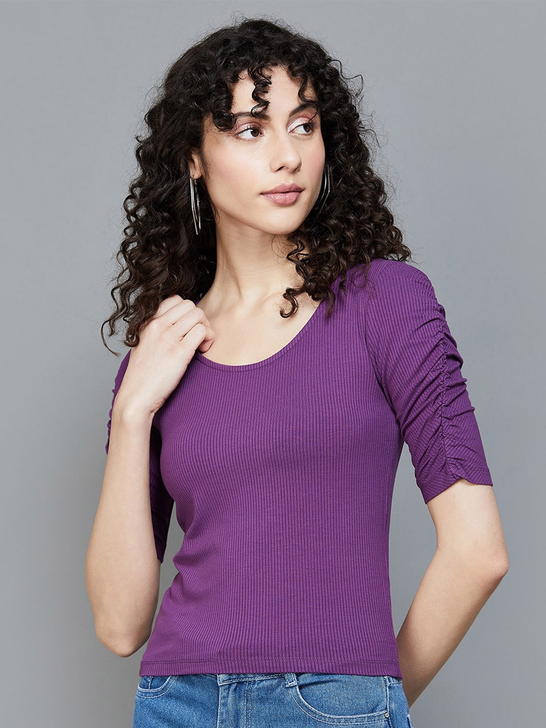 

Ginger by Lifestyle Round Neck Short Sleeves Ruched Fitted Top, Purple