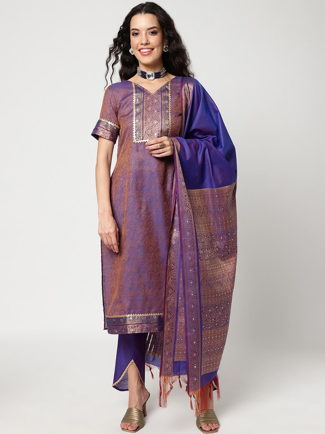 

Pannkh Ethnic Motifs Printed Regular Gotta Patti Kurta With Trousers & Dupatta, Purple