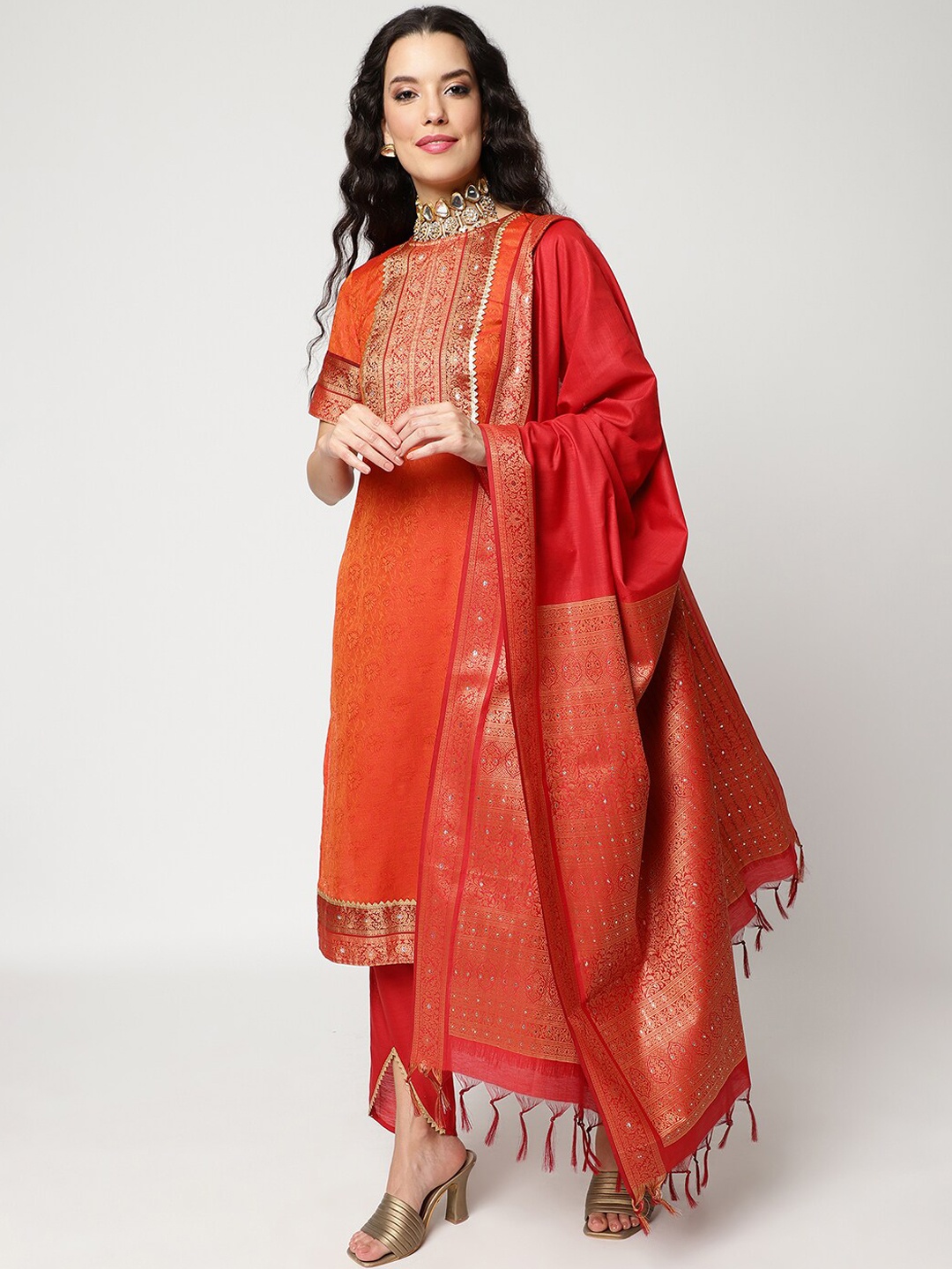 

Pannkh Regular Gotta Patti Kurta With Trousers & Dupatta, Orange