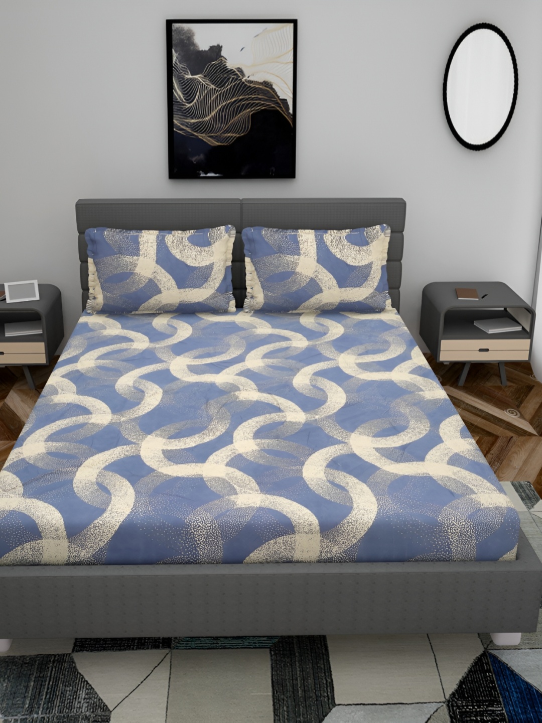 

HOMECRUST Blue & White Abstract Fitted 210 TC Queen Bedsheet With 2 Pillow Covers