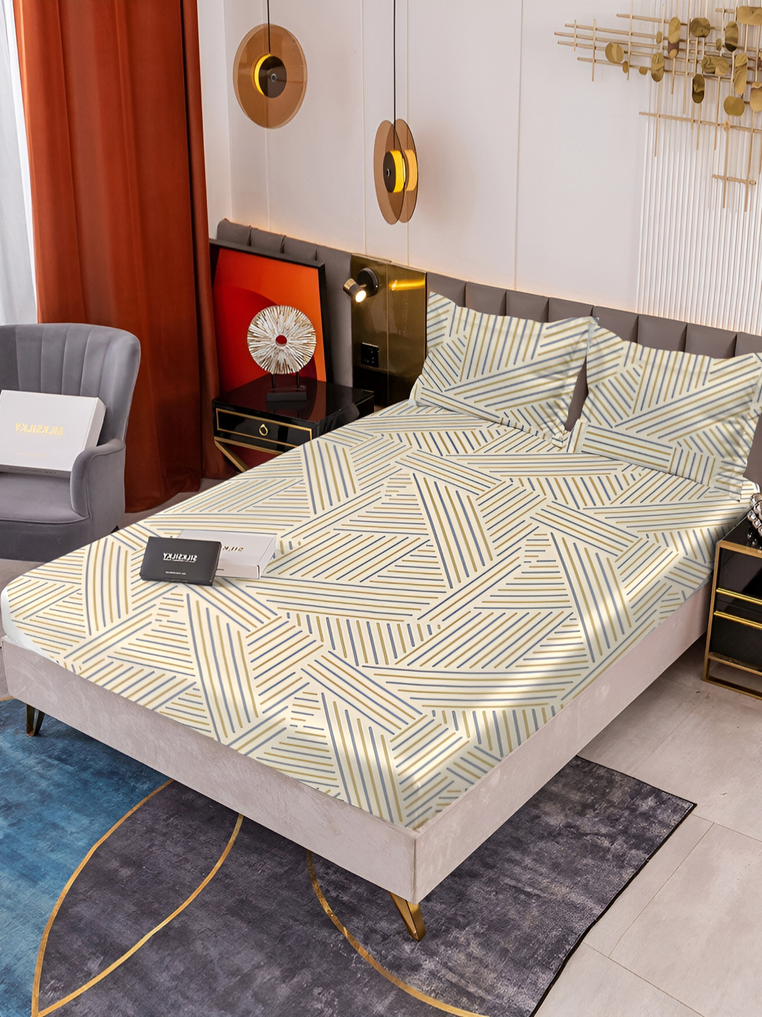 

HOMECRUST Brown & Grey Geometric 210 TC Queen Bedsheet with 2 Pillow Covers