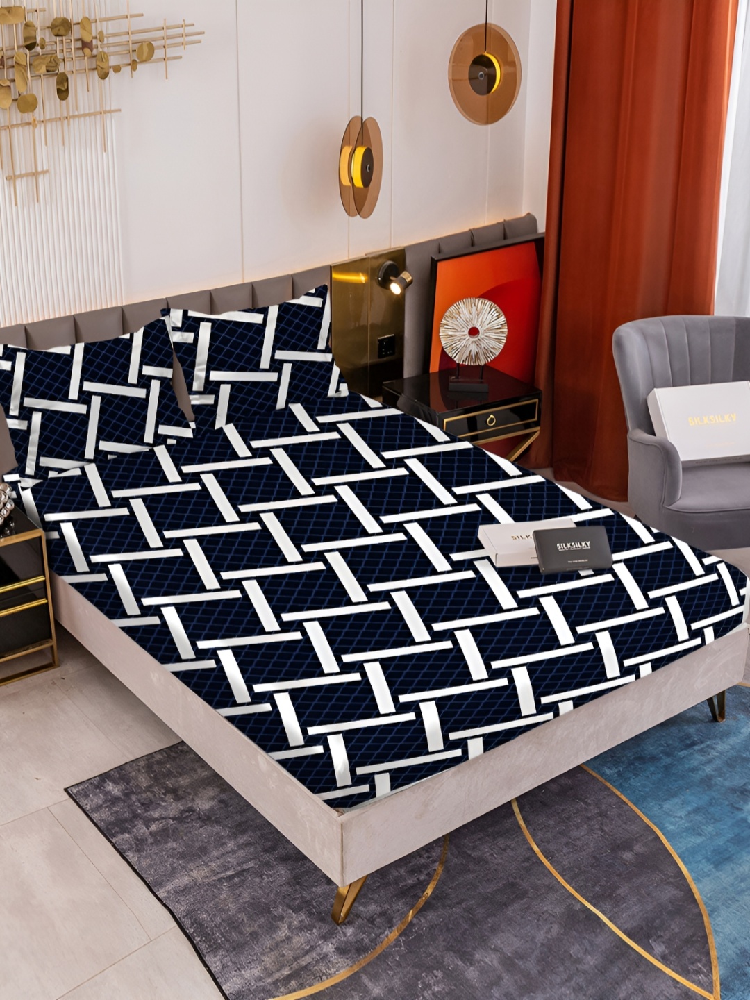

HOMECRUST Navy Blue Geometric 210 TC Fitted Queen Bedsheet with 2 Pillow Covers