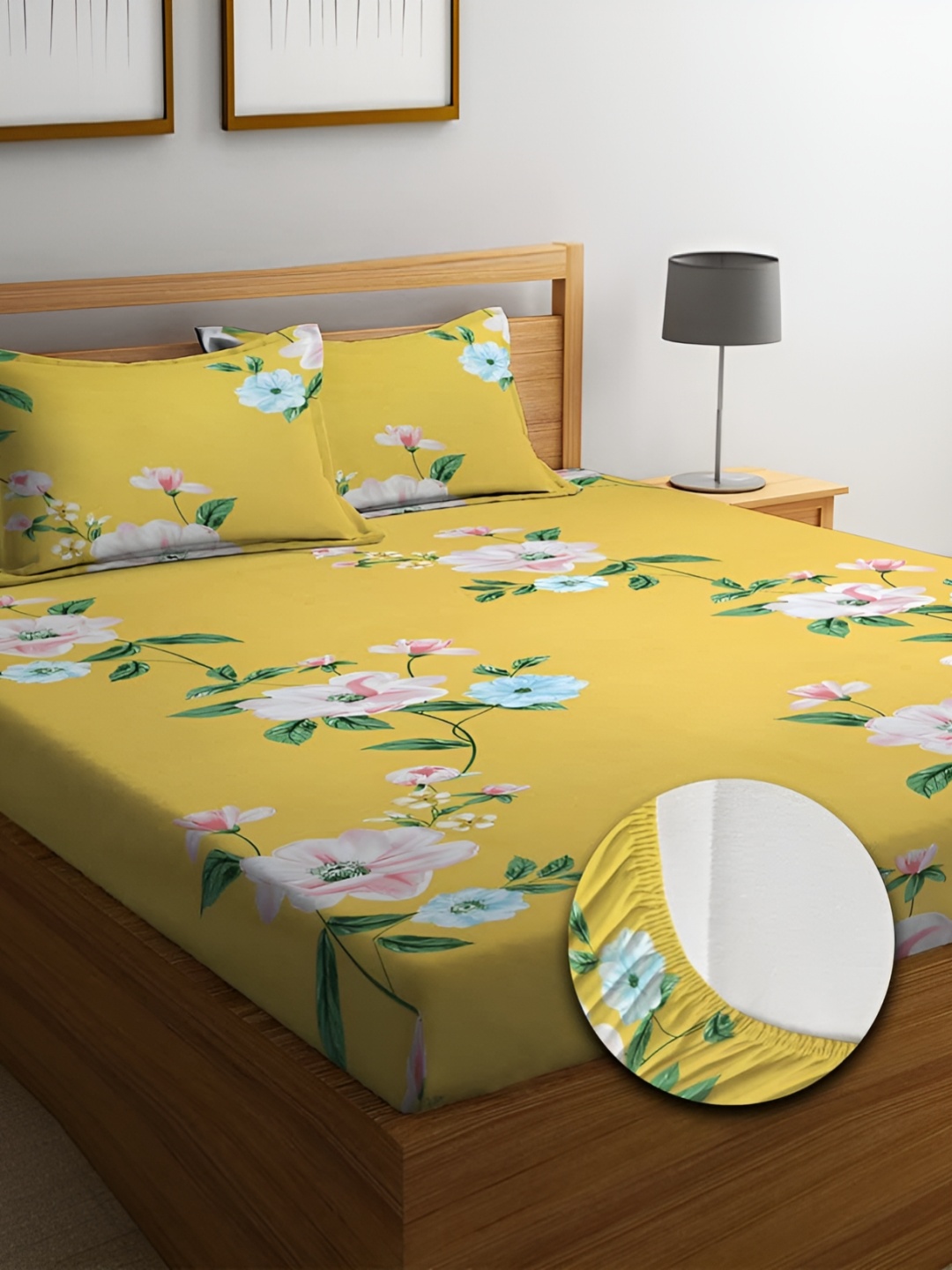 

HOMECRUST Yellow & Green Floral Fitted 210 TC Queen Bedsheet With 2 Pillow Covers