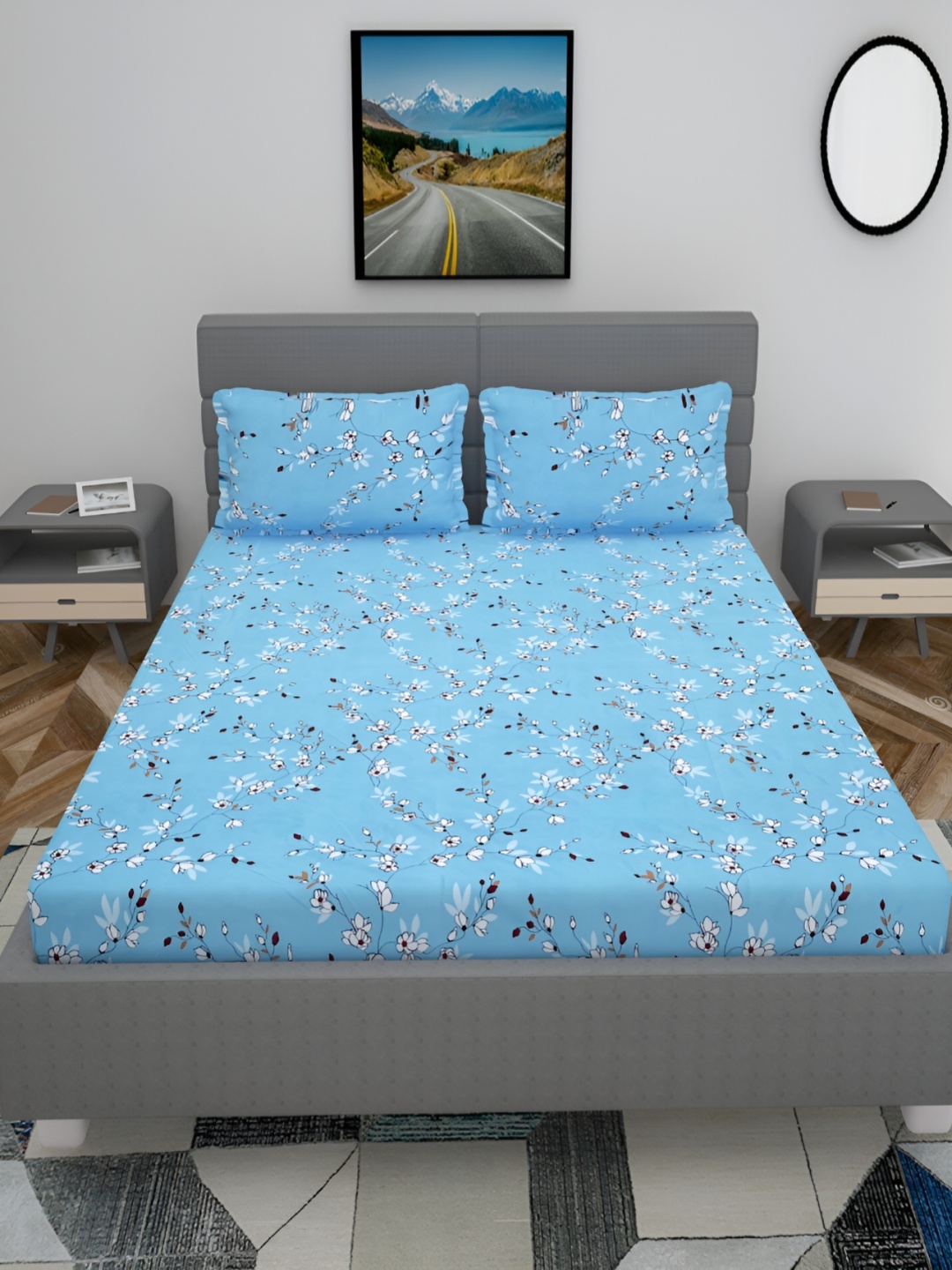 

HOMECRUST Blue Floral Cotton 210 TC Queen Fitted Bedsheet with 2 Pillow Covers
