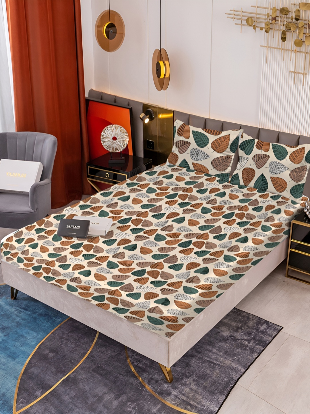 

HOMECRUST Brown & Green Floral Fitted 210 TC Queen Bedsheet With 2 Pillow Covers