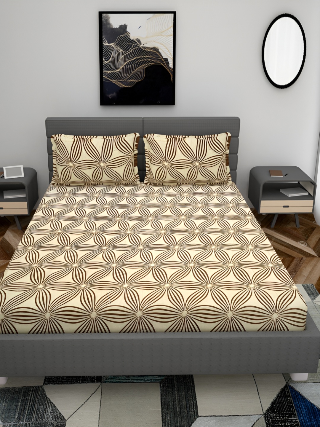 

HOMECRUST Khaki & Brown Floral Fitted 210 TC Queen Bedsheet With 2 Pillow Covers