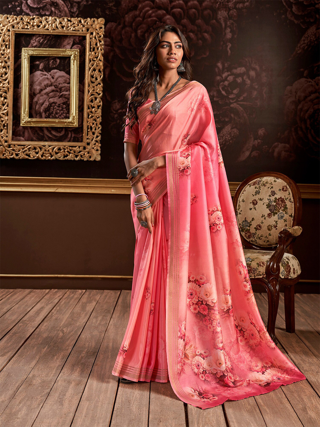 

elora Floral Printed Pure Silk Saree, Pink