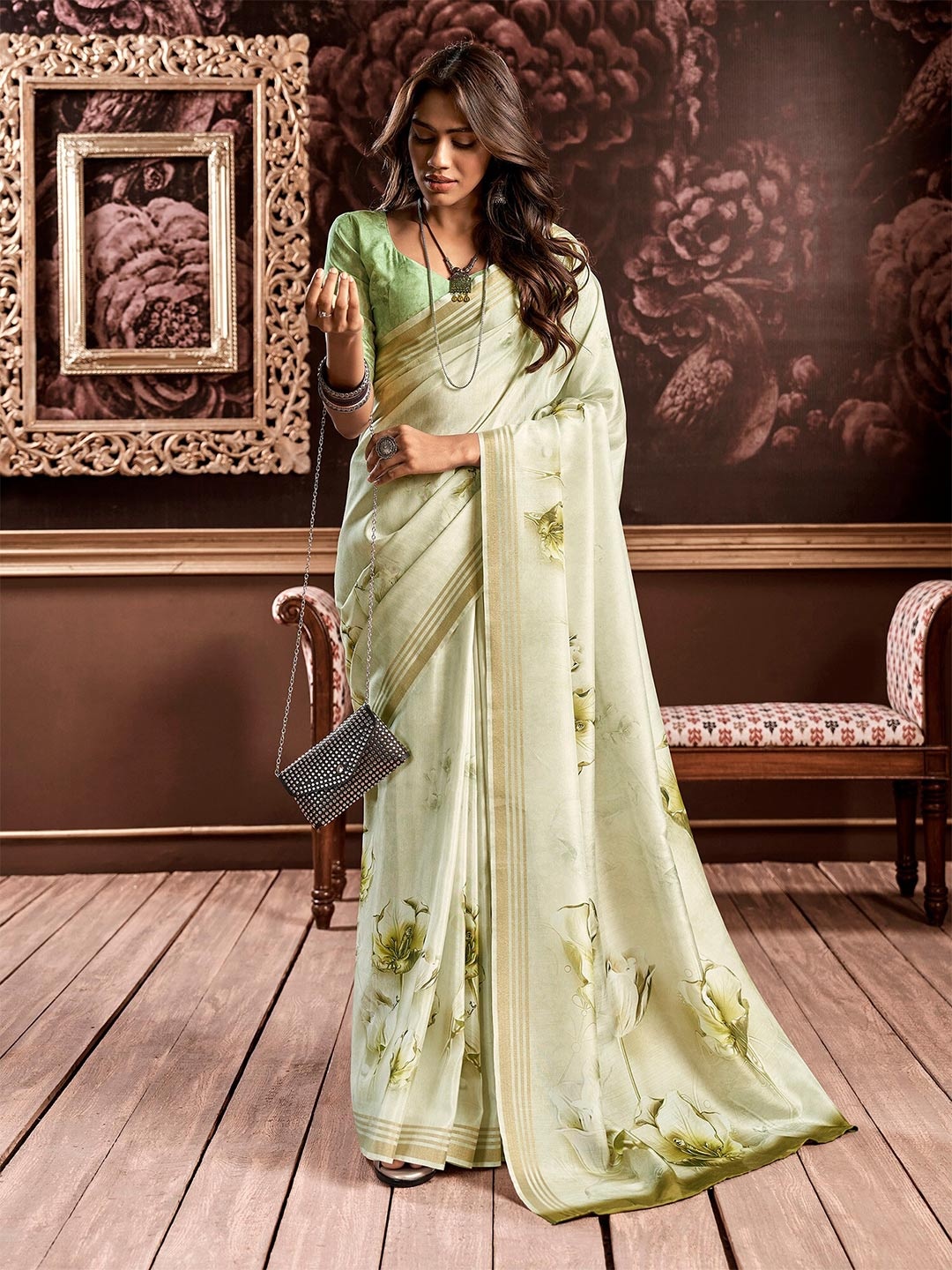 

elora Floral Printed Pure Silk Saree, Green