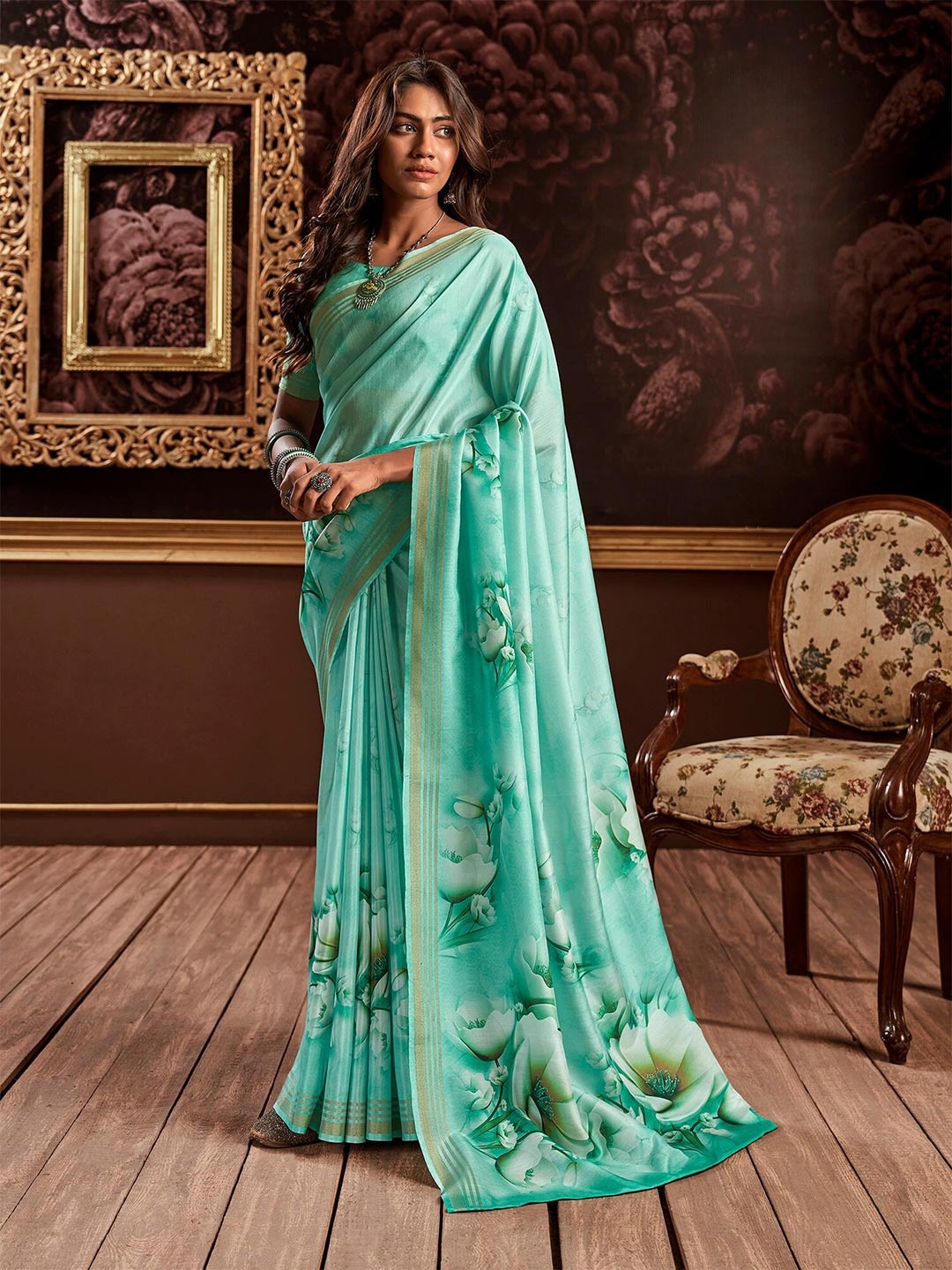 

elora Floral Printed Pure Silk Saree, Sea green