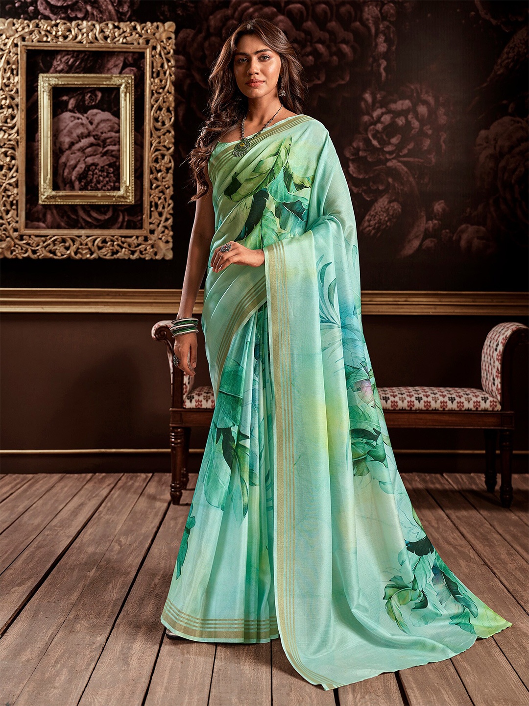 

elora Floral Printed Pure Silk Saree, Sea green
