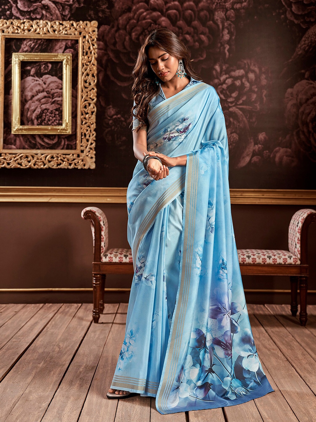 

elora Floral Printed Pure Silk Saree, Blue